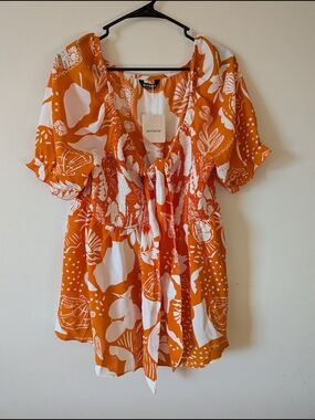 Bloomchick Orange and White Printed Romper with Tie Front US 14-16